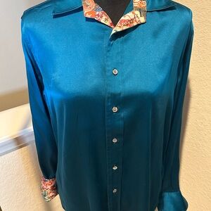 Robert Graham Teal Satin Shirt with Patterned Collar